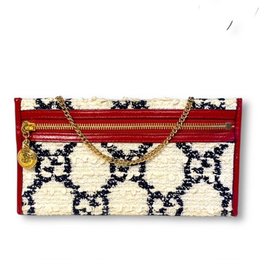 Gucci Tweed  Red and Cream Clutch with Gold Chain - Picture 2 of 13